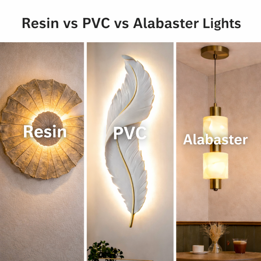 Comparison collage of Resin vs PVC vs Alabaster decorative lights featuring a round resin wall sconce, feather-shaped PVC wall light, and modern alabaster pendant light in warm interior settings.