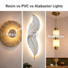 Comparison collage of Resin vs PVC vs Alabaster decorative lights featuring a round resin wall sconce, feather-shaped PVC wall light, and modern alabaster pendant light in warm interior settings.