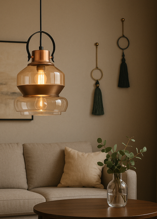 Bronzelle Glow – Vintage Glass Pendant with Warm Amber Illumination