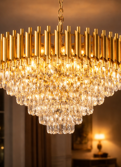 Golden Cascade Chandelier – Elegant Modern Crystal Lighting Fixture