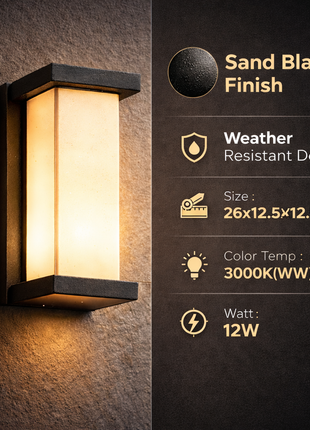 Premium Outdoor Wall Light – Sand Black Finish with Warm LED Glow