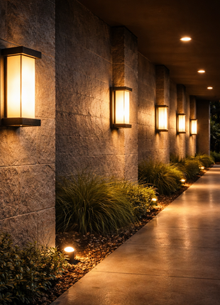 Premium Outdoor Wall Light – Sand Black Finish with Warm LED Glow
